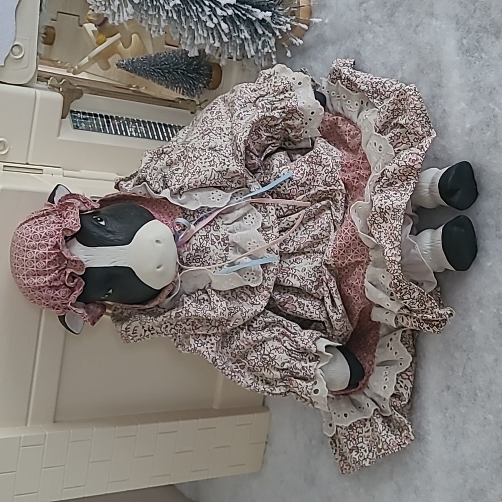 Vintage Ceramic Cow Doll, "Milk Maid" Doll with Country Style Dress. Soft Body